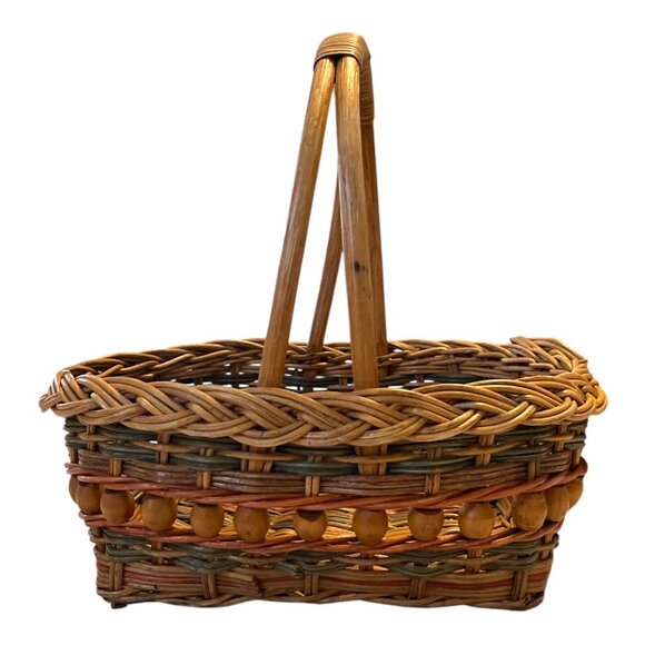 Pair of Vintage Woven Gift Baskets with Wooden Bead Trim – 12" x 12" x 10" – Boh - Picture 2 of 5